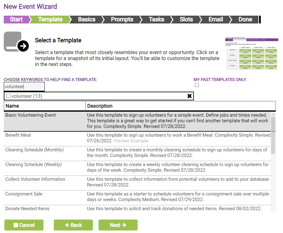 New Event Wizard template selection with Basic online sign up template selected in list