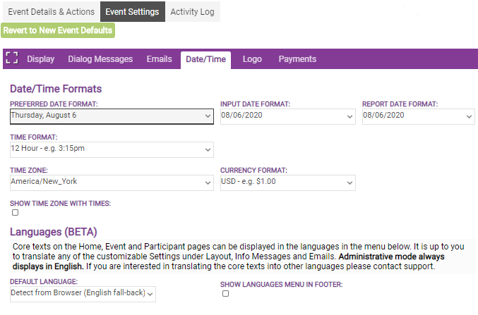 event date and time settings