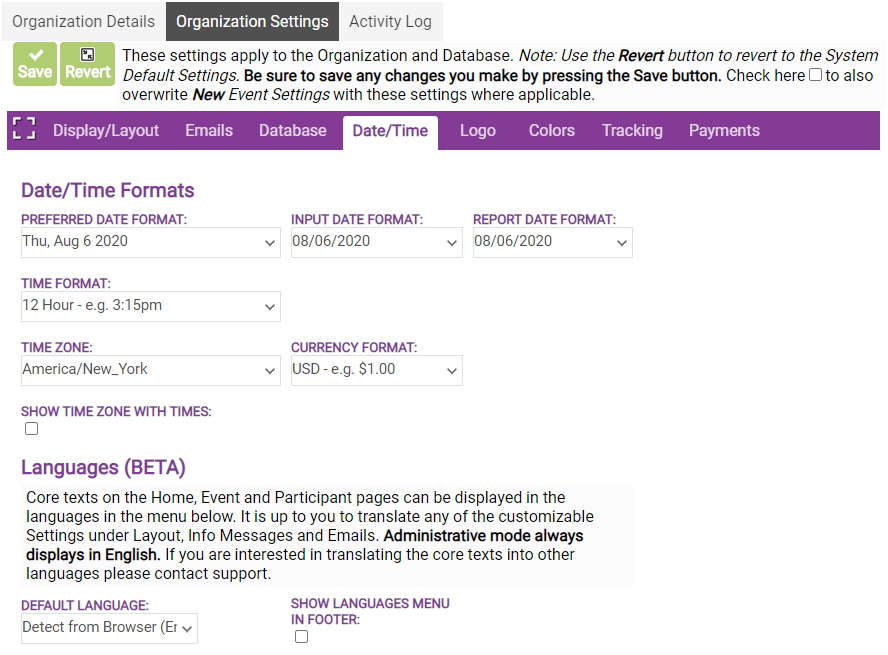 organization time zone settings