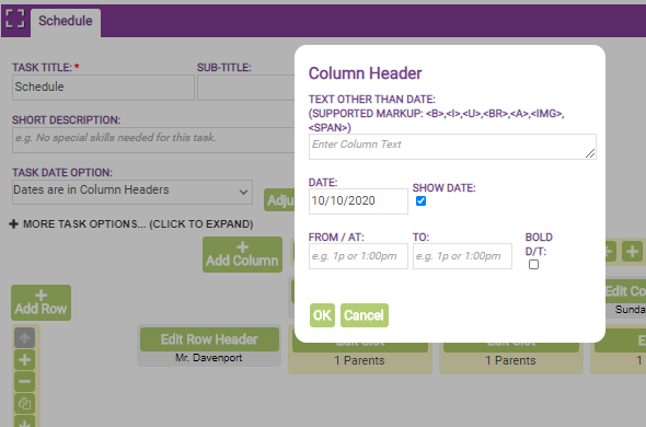 task signup sheet columns and rows