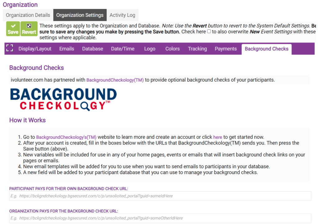 background check settings in ivolunteer.com