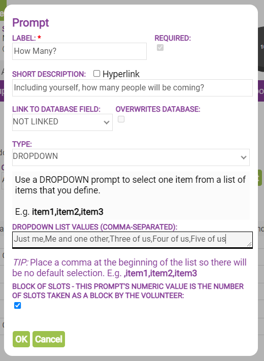 setting up a block of slots with a dropdown prompt