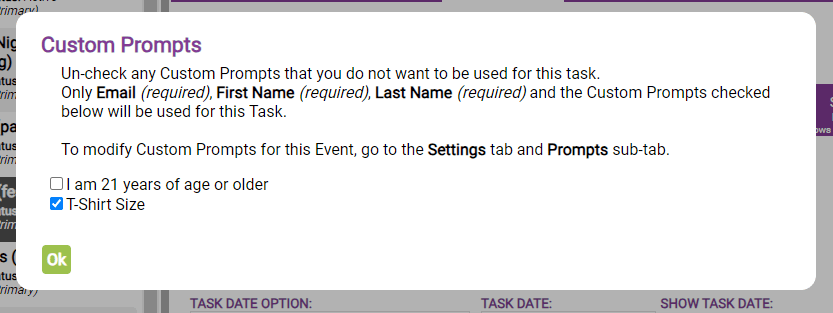 screenshot of ivolunteer.com custom prompts selection with one prompt disabled and another enabled with a checkbox