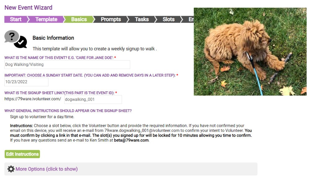 screenshot of template for online volunteer scheduling for a dog walk or visit / photo of ivolunteer.com's mascot Charley