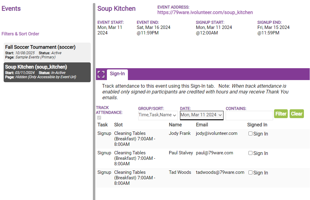 sign in screen for sign in admin to track attendance