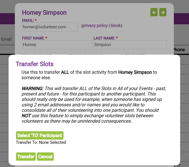 transfer slots dialog box to transfer from Homey to Homer