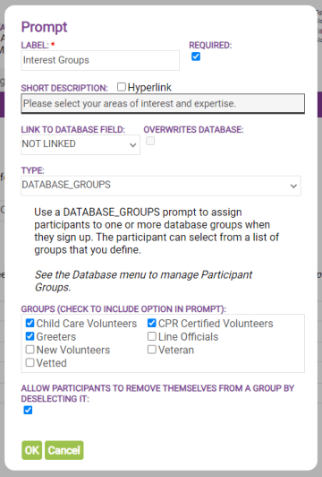 screenshot of custom prompt settings for volunteers to select and update interest groups