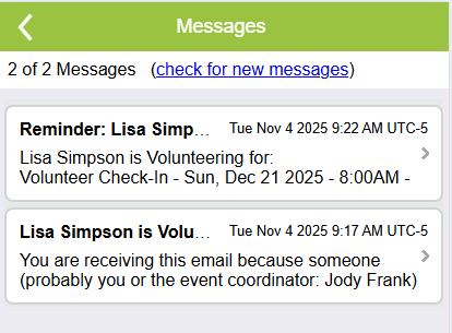 volunteer message center showing sign up messages for sample volunteer