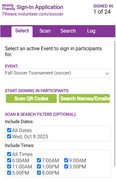 screenshot of ivolunteer's mobile friendly sign-in application showing event selection and buttons to scan QR codes and search names and emails