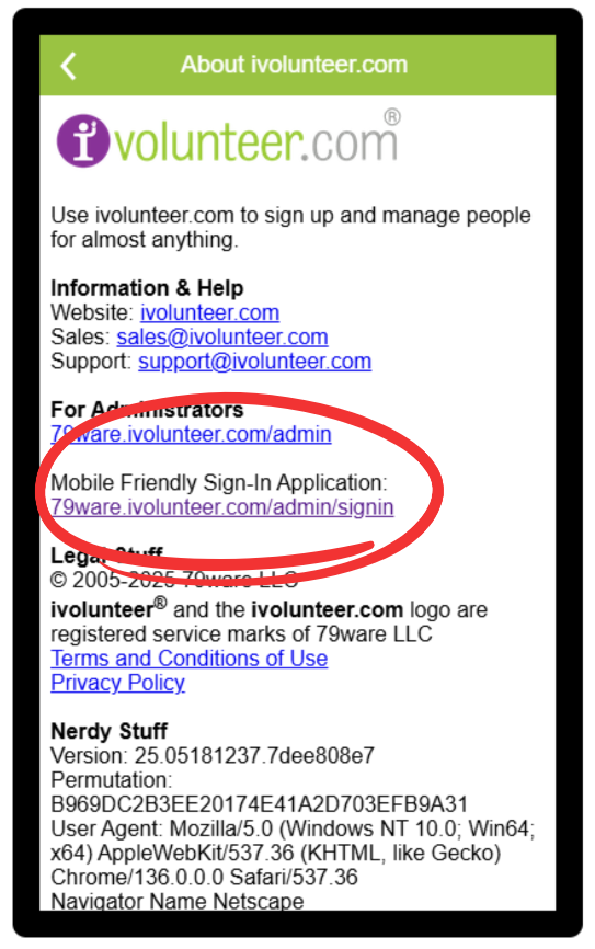 ivolunteer.com About page with administrative information, including a circled link to mobile friendly sign-in application