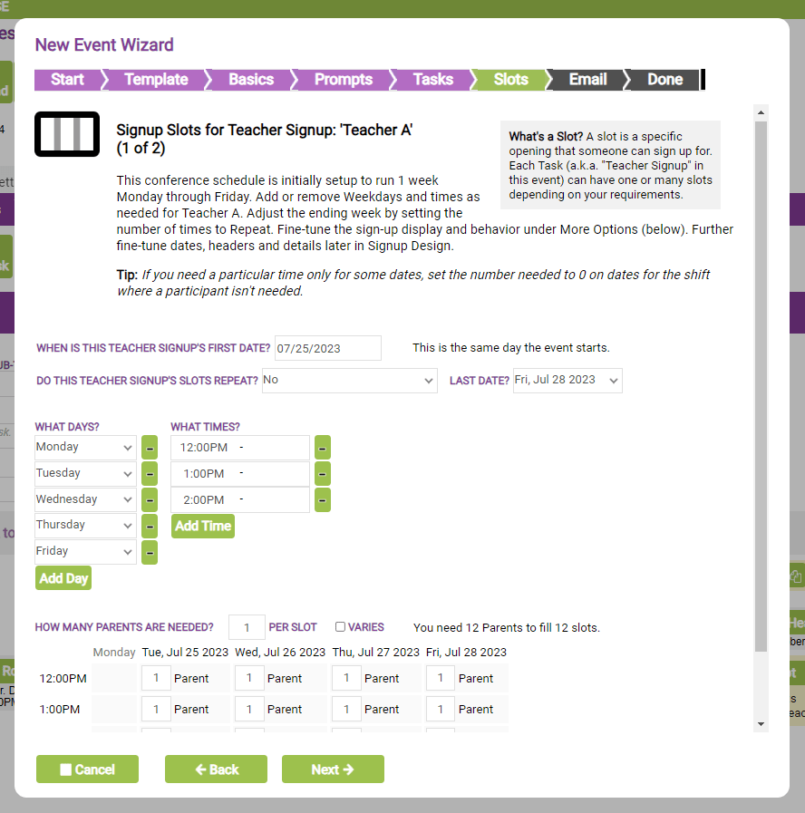online sign ups setup for parent-teacher conference, multiple teachers
