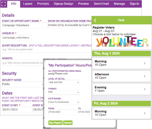 sample campaign volunteer sign up screens with volunteer management and reporting