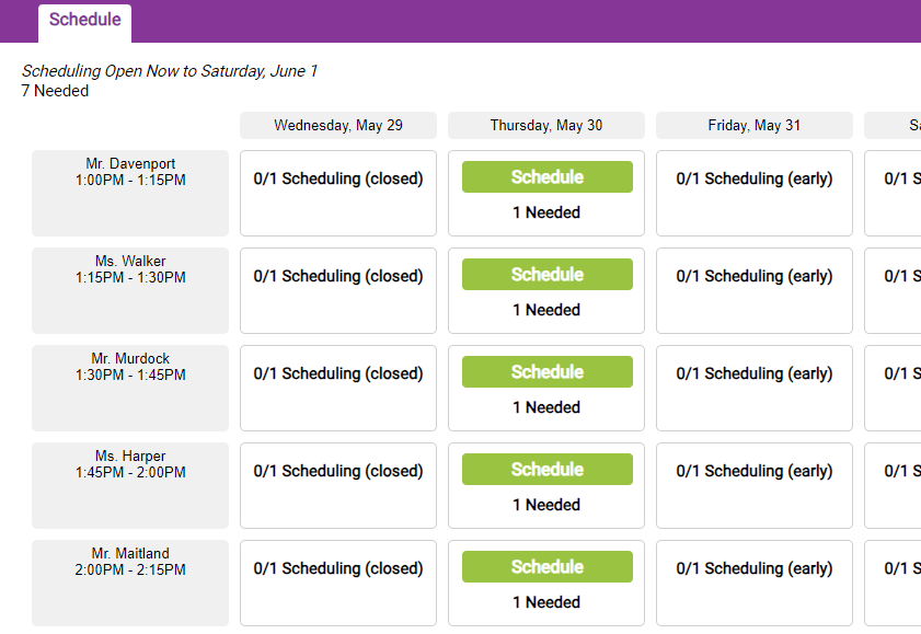 signup scheduling screenshot with closed, early, and available slots