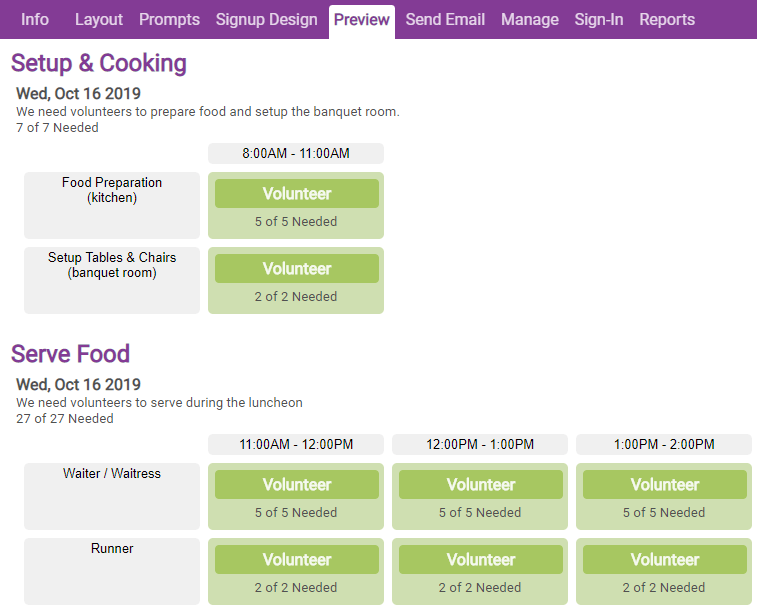 preview tab of sign up administration in ivolunteer.com volunteer management software