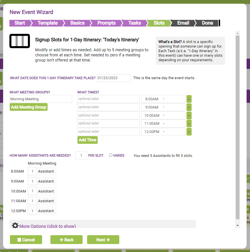 new event wizard sign up slots for university interview itinerary