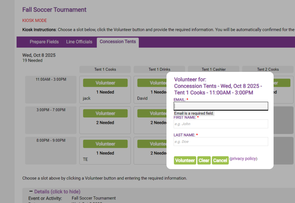 ivolunteer sign up sheet in kiosk mode