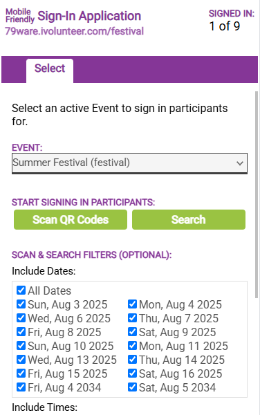 mobile sign in app select screen: filter by dates, times, and/or tasks