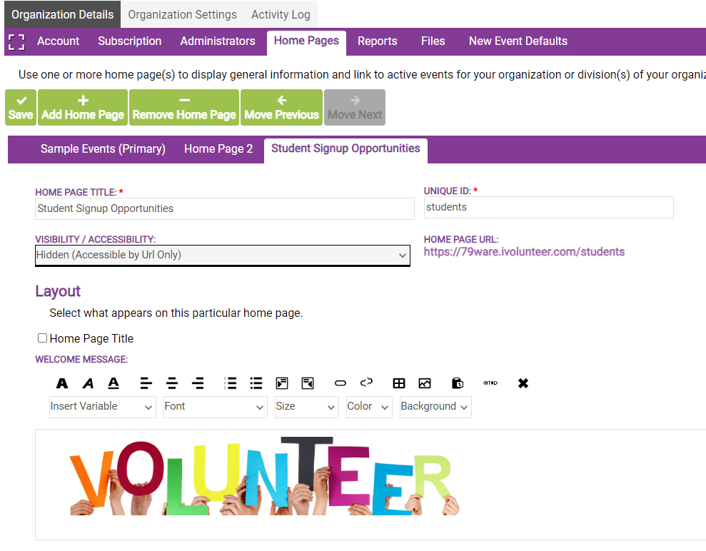 setup in ivolunteer.com for secondary home page to sign up volunteer group of students