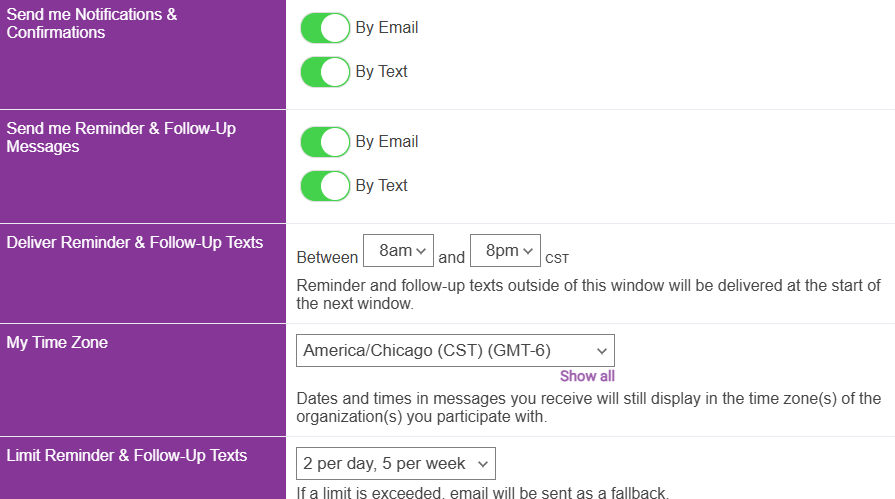 toggles to receive notifications by text - options for time zone and texting window for messages