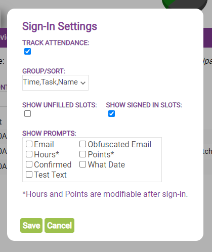 track attendance settings popup screen in ivolunteer.com with options to show or hide email address and other details on the Sign-In tab.