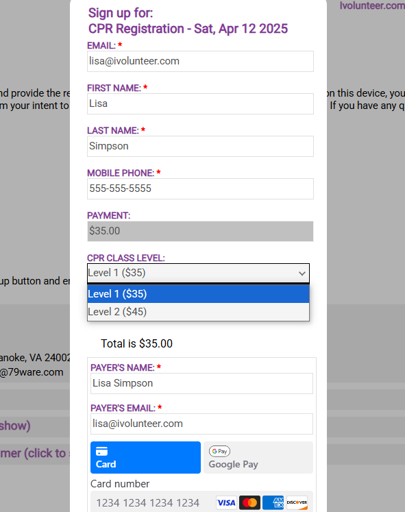 volunteer payment screen for CPR class with different rate by level