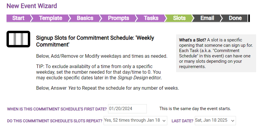 weekly task setup in New Event Wizard for online volunteer scheduling